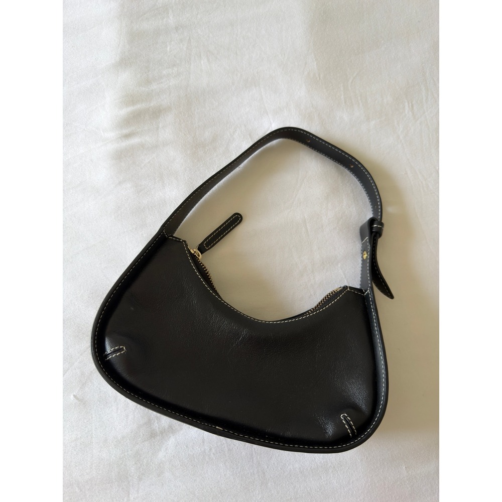 Black Leather Shoulder Bag White Contrast Stitching Curved Hobo Gold Hardware